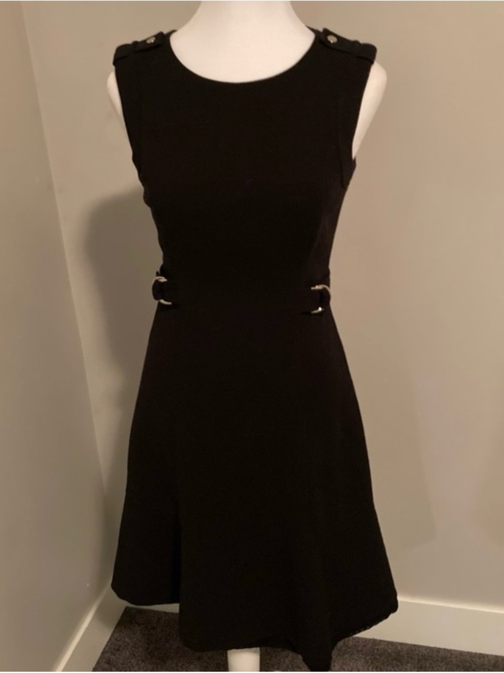 White House Black Market Black Sleeveless Fit-and-Flare Dress with silver detail
